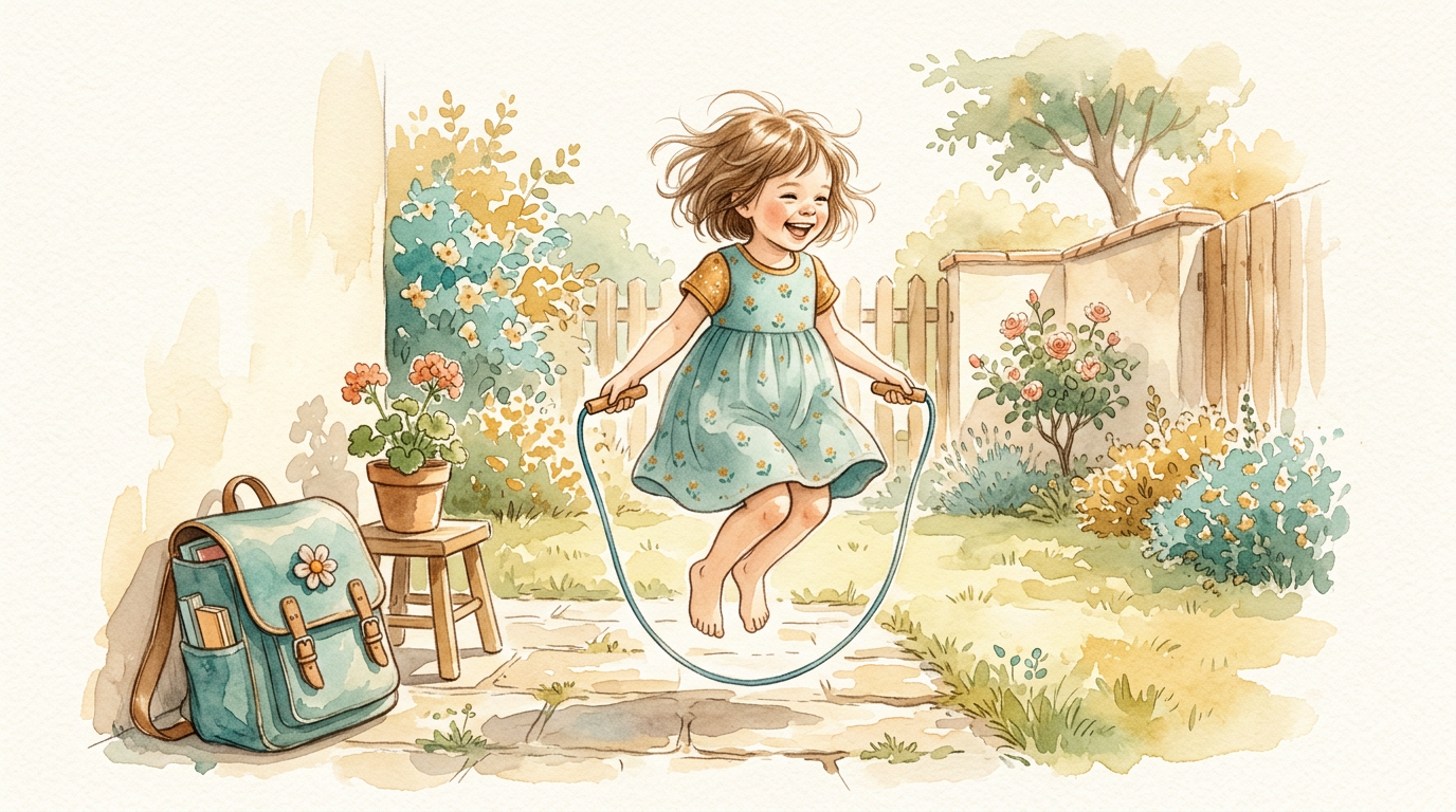 Criança pulando corda no quintal ensolarado antes de fazer lição de casa.