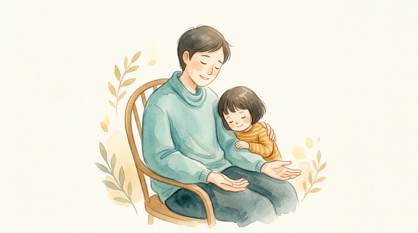 Pai aliviado sentado com filho tranquilo apoiado no colo, transmitindo conforto.