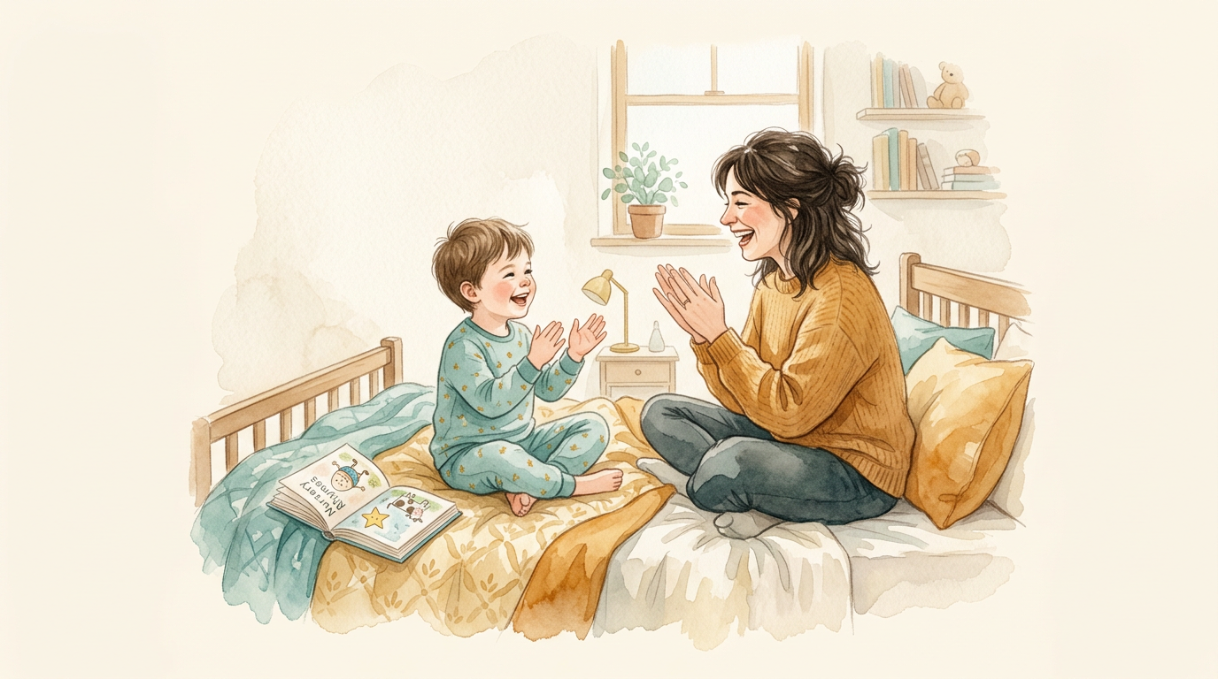 Criança e adulto brincam de parlenda na cama, rindo e batendo palmas.