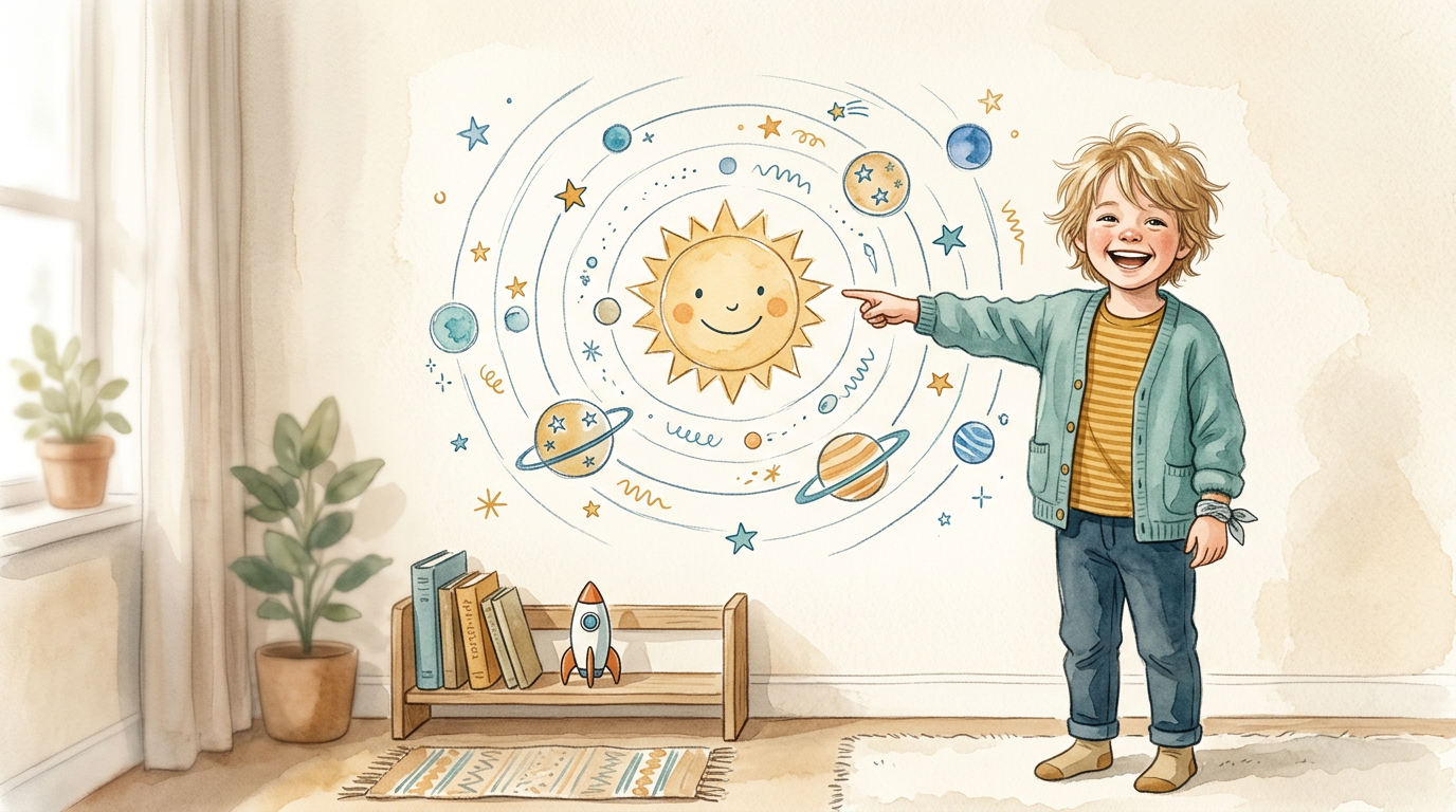 Criança explicando com orgulho desenhos educativos na parede do quarto.