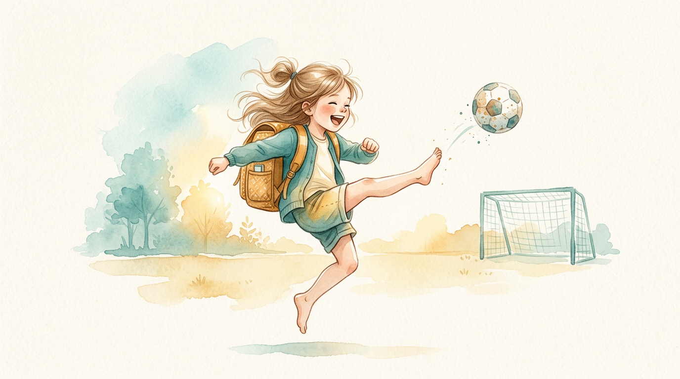 Criança com mochila chutando bola em gol com expressão de alegria intensa.