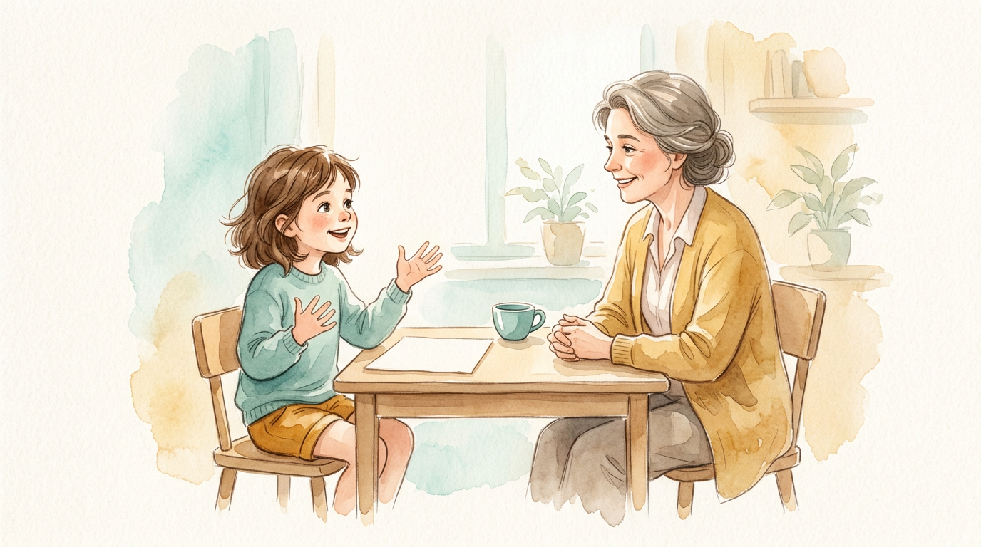 Criança confiante realiza avaliação oral com adulto, papel em branco ao lado.