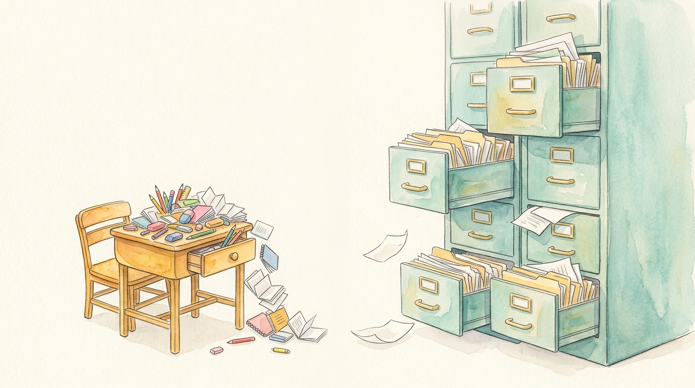 Mesa escolar pequena lotada com objetos caindo e arquivo grande ao fundo.