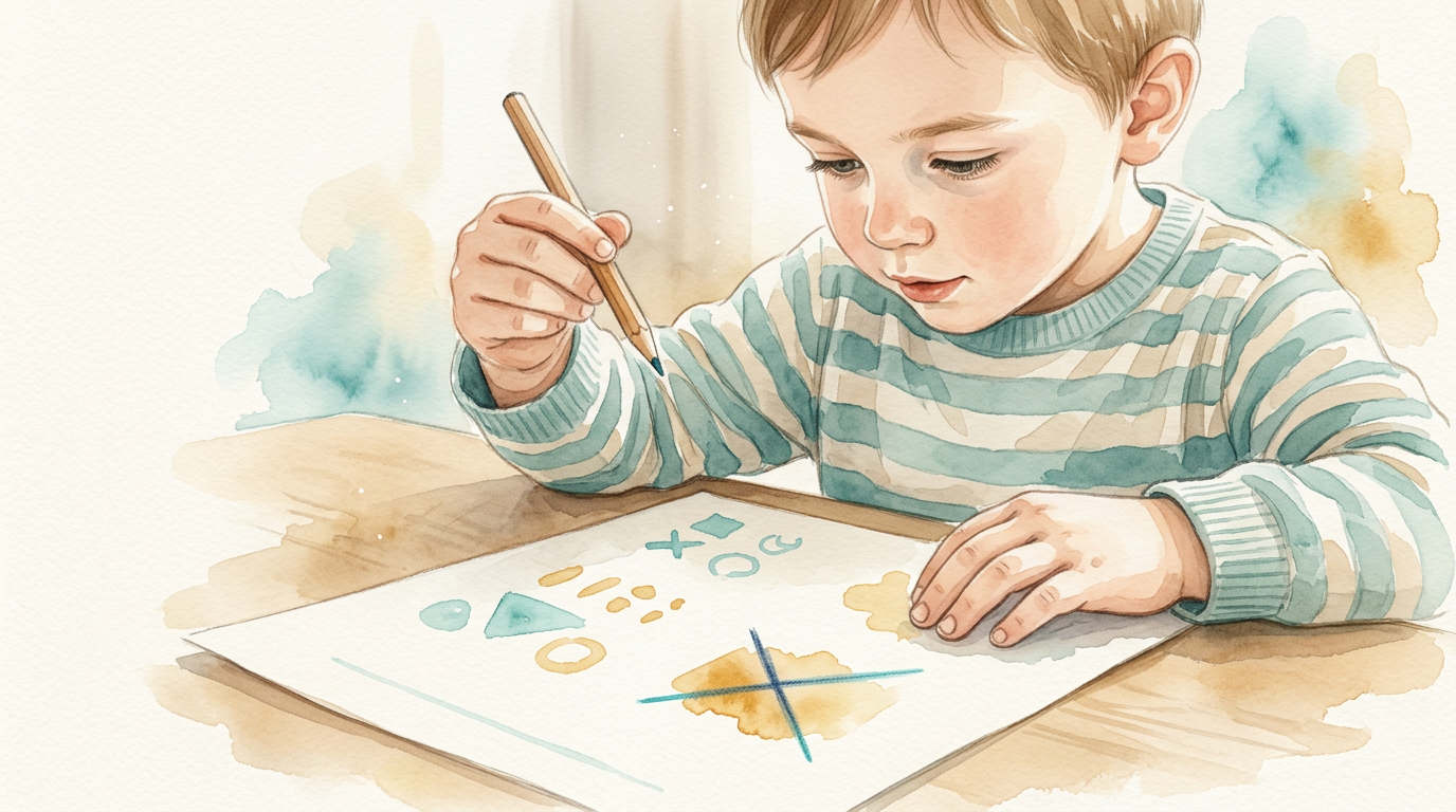 Caderno infantil com resposta apagada e criança pensativa refletindo sobre o erro.