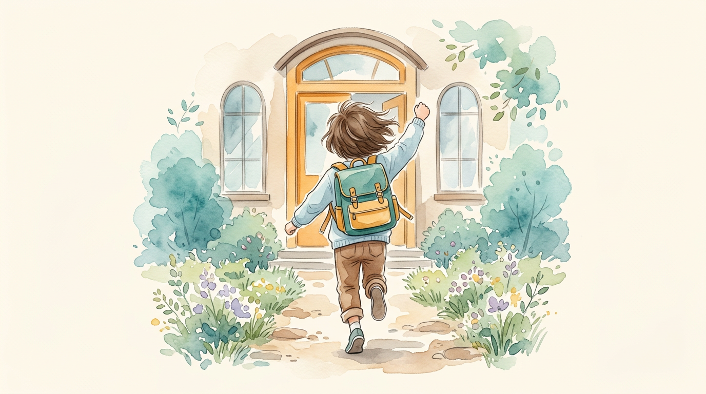 Criança correndo confiante para a escola com mochila e braço levantado.