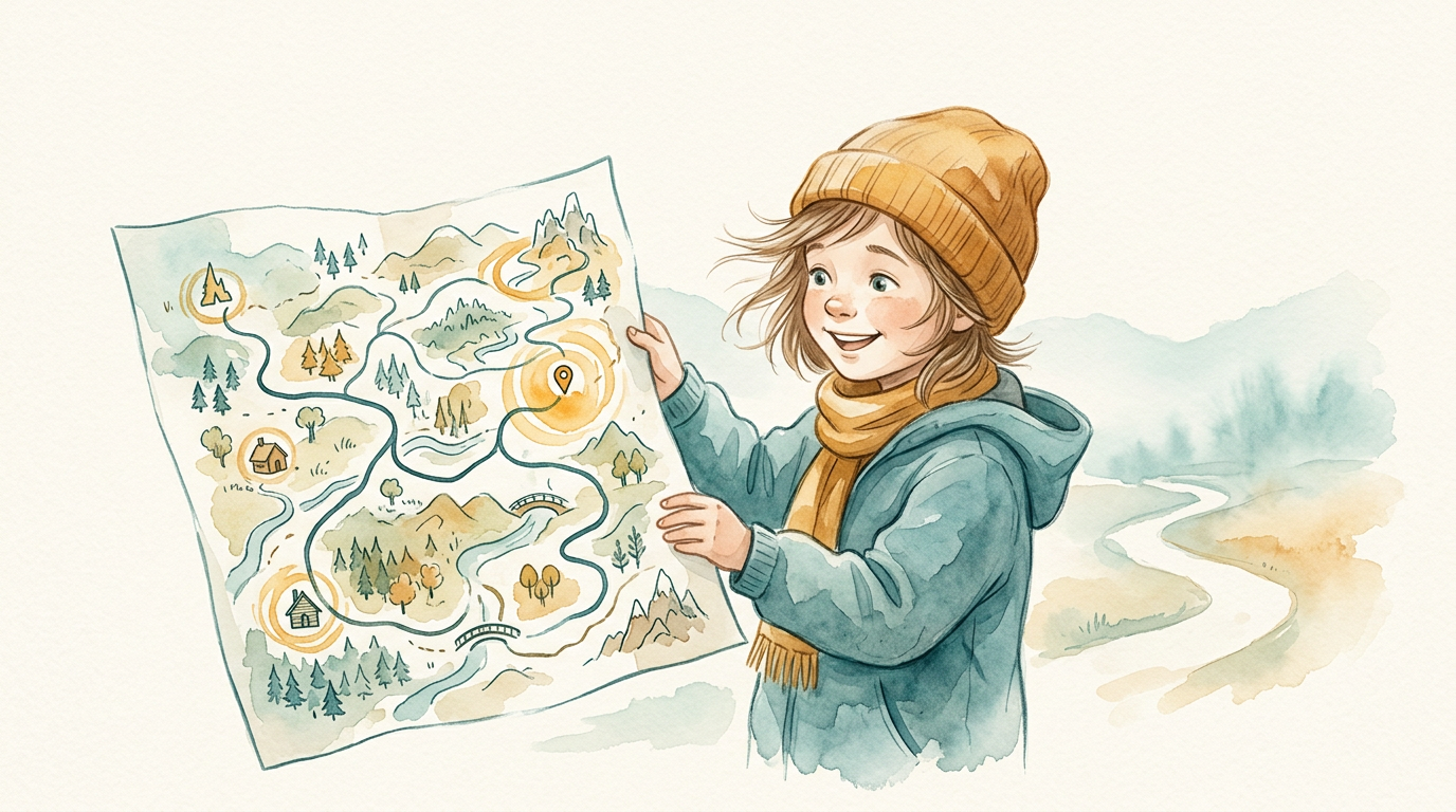 Criança feliz segurando mapa desenhado à mão com rotas e marcos destacados.