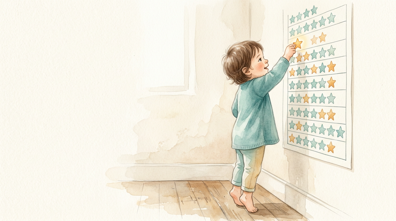 Criança colando estrelinha dourada em gráfico de pequenas vitórias na parede.