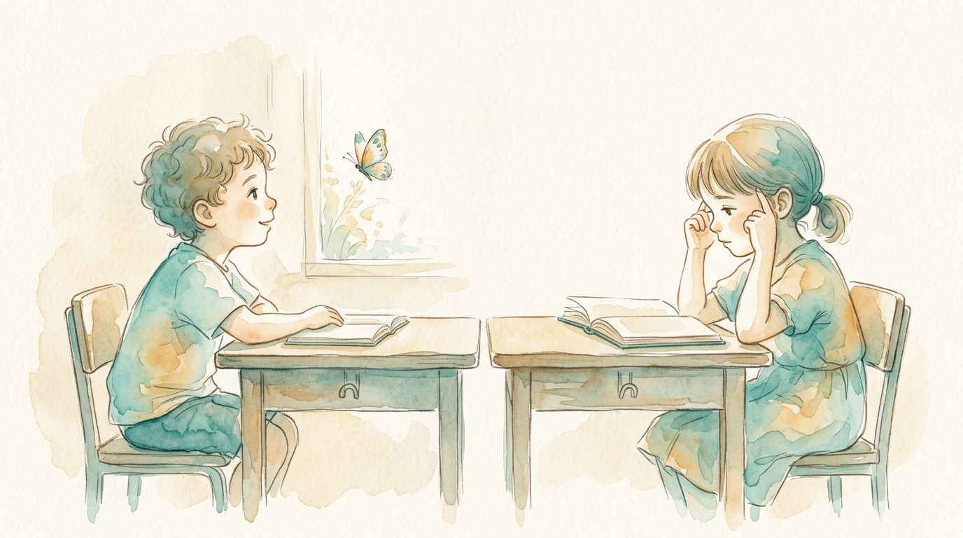 Duas crianças em carteiras iguais, uma distraída e outra cansada lendo livro.